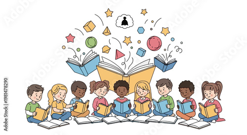 A diverse group of children are depicted in a vibrant vector illustration celebrating World Book Day, each engrossed in reading books with colorful geometric shapes floating above, set
