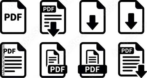 Black and white pdf document icons with download arrows in line art style