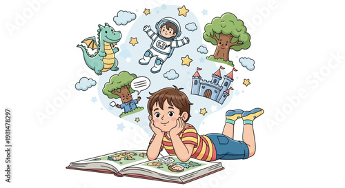 A young child engrossed in a book, lying down and dreaming of storybook characters such as a dragon, astronaut, castle, and tree, depicted with soft colors in a whimsical, educational