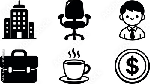 Black office building chair businessman briefcase coffee cup and dollar coin icons