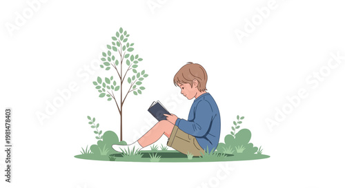 A World Book Day illustration shows a young boy with blond hair engrossed in reading a book while sitting cross-legged under a tree with green leaves against a clean white background