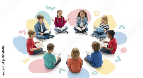 Illustrated for World Book Day, a diverse group of children are gathered in a circle, each holding a book and reading with focus against a white background with pastel shapes