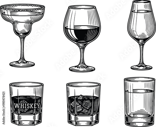 Assorted etched beverage glasses including margarita wine and whiskey tumblers with ice in a vintage engraved style