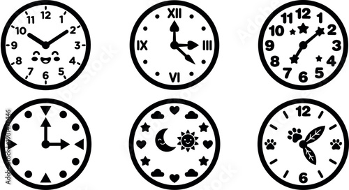 Black and white clock faces with unique icons and different times vector art
