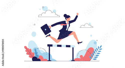 Determined businesswoman in a suit leaping over a hurdle while carrying a briefcase to symbolize overcoming career obstacles and success.