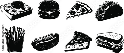 Assorted fast food items in a traditional engraving style for graphic design