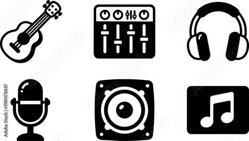 Black and white music icons guitar mixer headphones microphone speaker notes