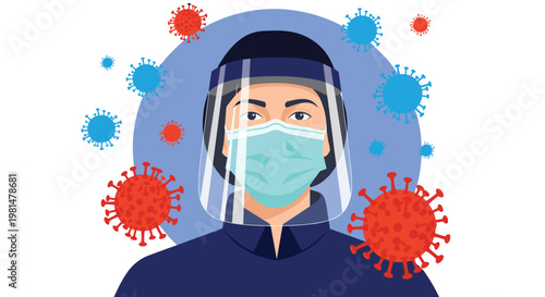 Portrait of a dedicated healthcare worker wearing a protective face mask and shield surrounded by symbolic virus particles for pandemic awareness.