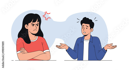 Angry woman with her arms crossed looking upset while a frustrated man gestures with his hands during a relationship argument.