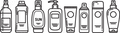Assorted sunscreen bottles and tubes with uv protection symbols Vector