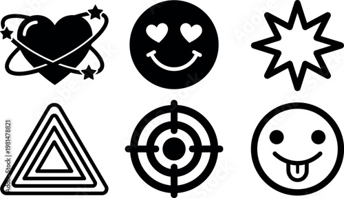 Black and white heart orbit star and smiley face emojis vector icons