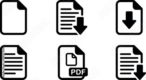 Black and white document icons with download and pdf symbols