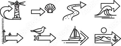 Various modes of transportation depicted in black and white line drawings Vector