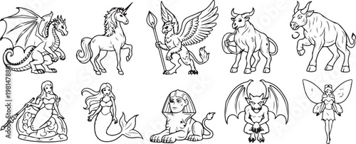 Sketch art featuring mythical horses and figures in various poses Vector