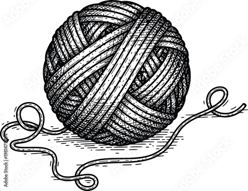 Ball of yarn with loose strands in a simple etching style