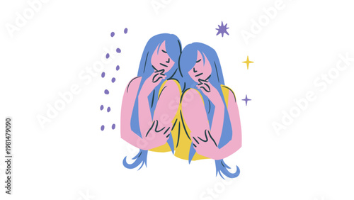 Gemini Zodiac Sign Illustration with Twin Women and Celestial Elements