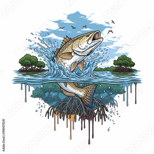 Speckled trout jumping out of water with mangrove scenery