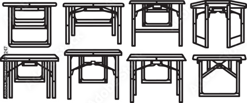 A collection of eight different wooden chairs with unique designs and backrests Vector