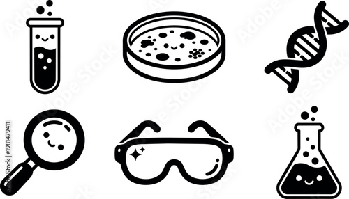 Black and white cute laboratory gear icons with smiles flat design