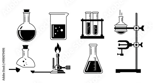 Tableau sur toile Chemistry Lab Equipment Icons: Beaker, Flasks, Burner, Test Tubes, Stand