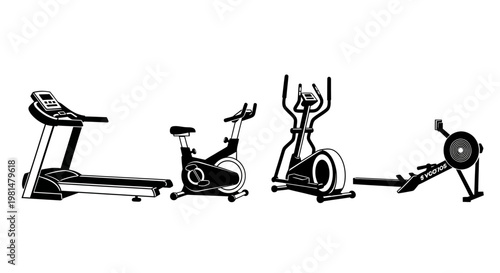 Gym Equipment Set: Treadmill, Exercise Bike, Elliptical, Rowing Machine - Fitness Icons