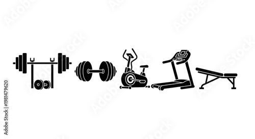 Gym Equipment Icons: Barbell, Dumbbells, Elliptical, Treadmill, Bench
