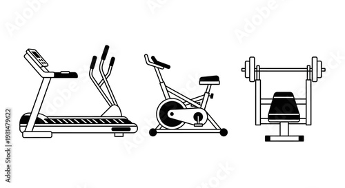 Gym Equipment Set: Treadmill, Elliptical, Stationary Bike, and Weight Bench