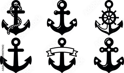 Collection of six black nautical anchors with rope hearts stars and banner in vector art
