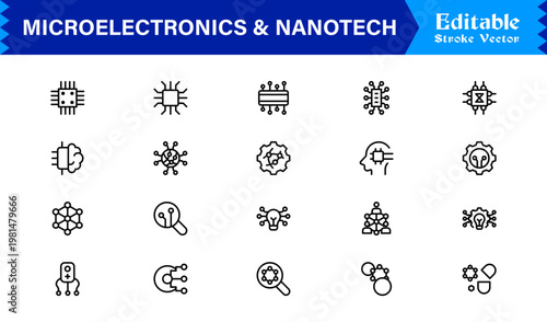 Microelectronics and Nanotech – Unique Minimal Line Icon Collection with Precision-Drawn Vectors, Scalable Stroke Elements, and Clean Technical Design