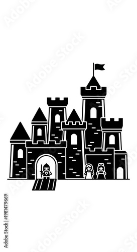 Medieval Castle Silhouette with Knight and Princesses - Vector Illustration
