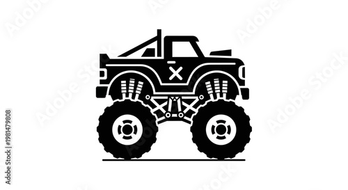 Black monster truck icon with large tires and suspension, isolated on white background