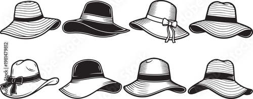Black and white line drawings of various types of hats and caps Vector