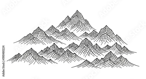 Detailed illustration of majestic mountain range with multiple peaks in black lines on white background