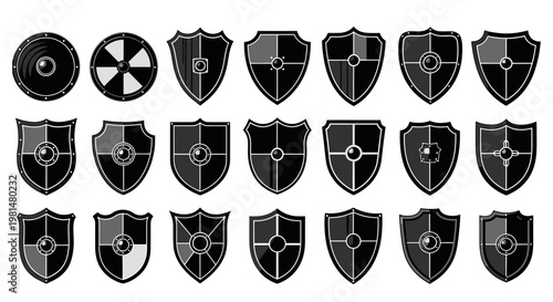 Collection of various black shield icons with crosshairs and targets on white background for protection and security concepts