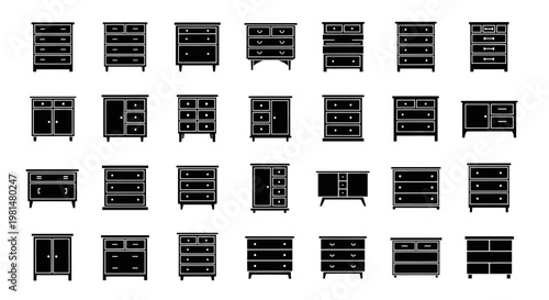 Collection of various black dressers and cabinets with different designs and configurations on white background