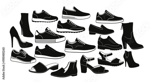 Collection of various black shoes and boots arranged in a circular pattern on white background
