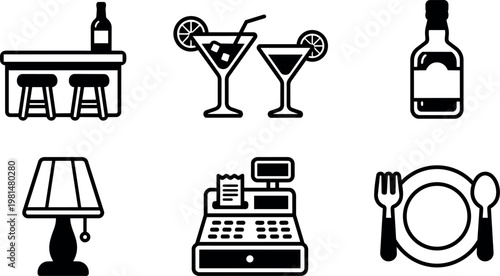 Black and white bar counter cocktails lamp cash register and plate icons