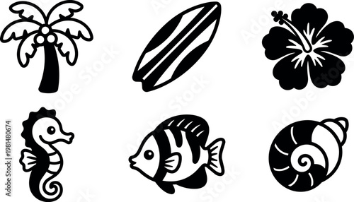 Black and white tropical icons including palm tree hibiscus flower seahorse fish and seashell