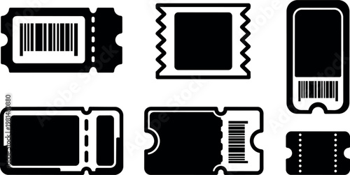 Black and white barcode ticket icon set with various perforated edges and rectangular shapes