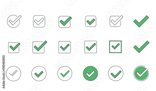 Minimal green checkmark icons collection checkbox and tick symbols vector design set