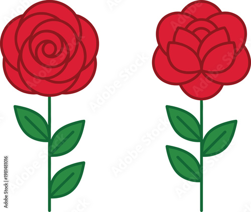 Cartoon Red Roses with Green Stems and Leaves for Floral, Nature, and Love Illustrations