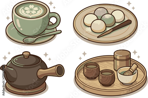 Traditional Japanese Matcha Tea Set with Mochi and Teapot
