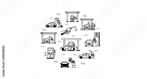 Car fuel station icon collection with petrol diesel vehicles and refueling process symbols in outline style
