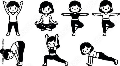 Women doing yoga poses for fitness and meditation