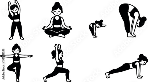 Black and white yoga poses vector art with woman stretching and meditating