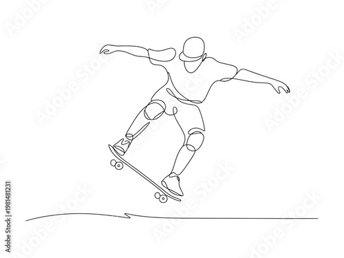 Continuous line drawing of a skateboarder performing a trick in midair with arms outstretched and wheels on skateboard