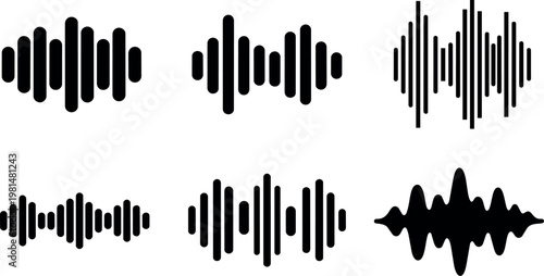 Black voice sound wave icons set with varied bar thickness and shapes