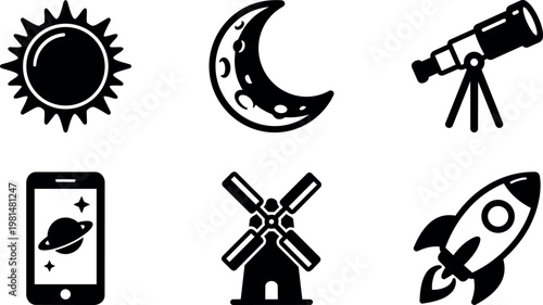 Black and white space icons with sun moon telescope smartphone windmill and rocket