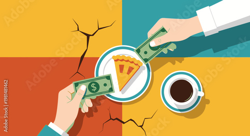 Hands exchanging money for pie and coffee, illustrating financial transactions, cost sharing, business deals, economic division, or partnership.