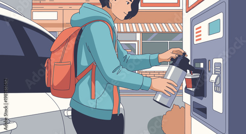 Young person refilling reusable water bottle at a public dispenser, promoting sustainable hydration and eco-friendly lifestyle in an urban setting. Vector illustration.